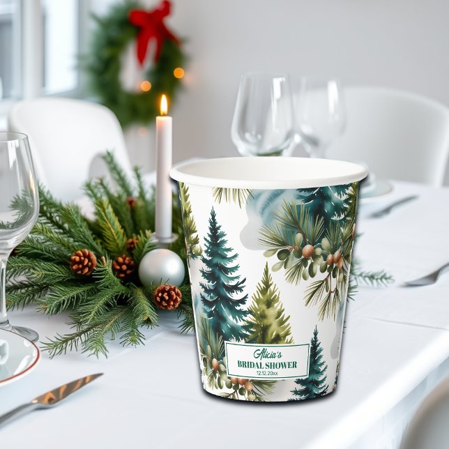 Watercolor Pine Pattern Winter Bridal Shower Paper Cups (Creator Uploaded)
