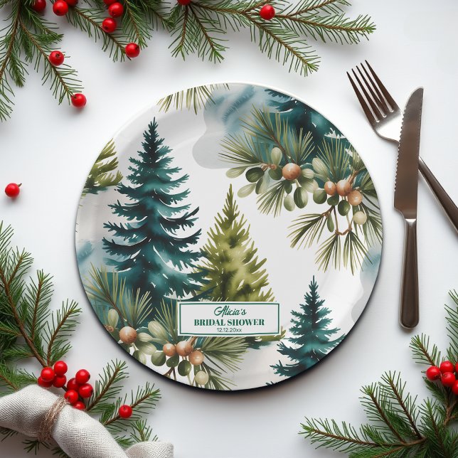Watercolor Pine Pattern Winter Bridal Shower Paper Plates (Creator Uploaded)