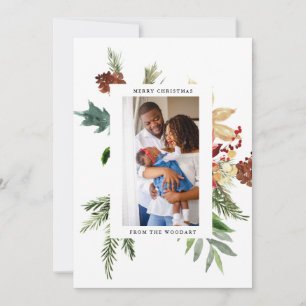 Watercolor Pine Photo Christmas Flat Card