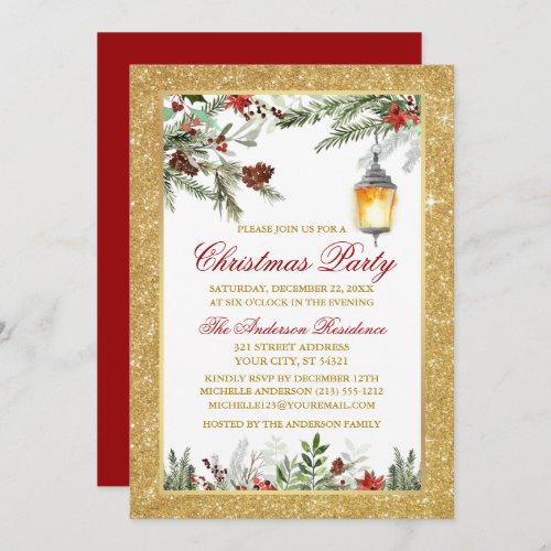 Watercolor Pine Poinsettia Christmas Party Glitter Invitation