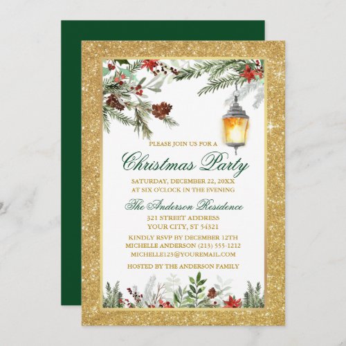 Watercolor Pine Poinsettia Glitter Christmas Party Invitation