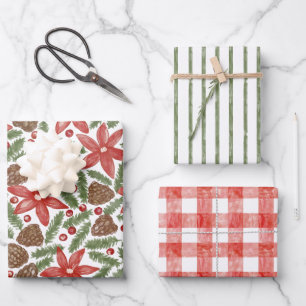 Watercolor Pine Poinsettia Stripes Gingham Wrapping Paper Sheets