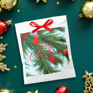 Watercolor Pine Red Berry Family Holiday Party Favor Bag