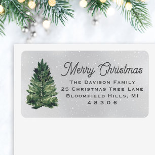 Watercolor Pine Snowy Merry Christmas Address Label