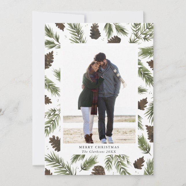 Watercolor Pine Sprigs Christmas Photo Card (Front)