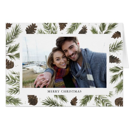 Watercolor Pine Sprigs, Photo Greeting Card (Front Horizontal)