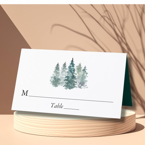 Watercolor Pine Spruce Trees Winter Snow Wedding Place Card