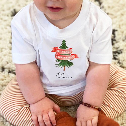 Watercolor Pine Tree 1st Christmas Baby T_Shirt