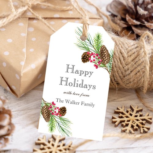 Watercolor pine tree and pine cone Christmas Gift Tags