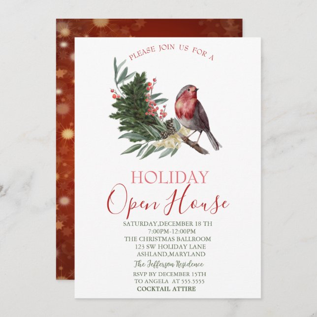 Watercolor Pine Tree Branch Cardinal Open House  Invitation (Front/Back)