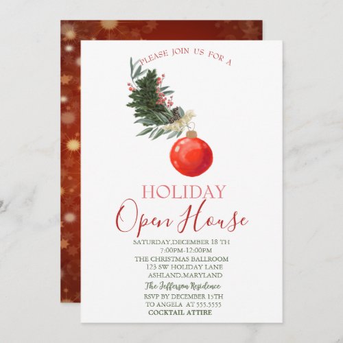 Watercolor Pine Tree BranchRed Ball Open House Invitation