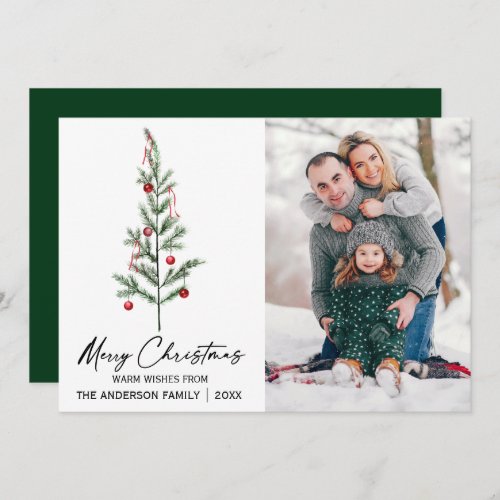 Watercolor Pine Tree Calligraphy Ink Photo Green Holiday Card