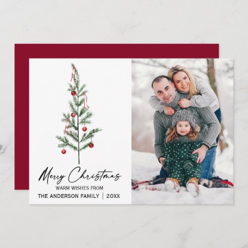 Watercolor Pine Tree Calligraphy Ink Photo Red Holiday Card
