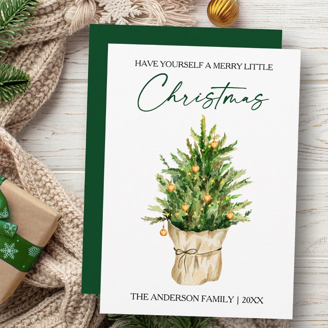 Watercolor Pine Tree Calligraphy Ink Script Holiday Card (Customize to change your personalized text size, style or change color of back of card.)