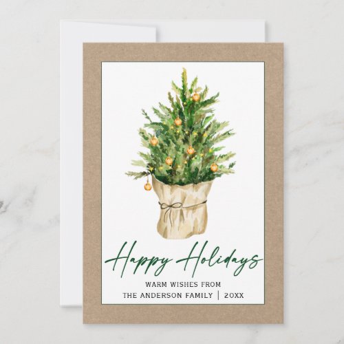 Watercolor Pine Tree Calligraphy Ink Script Kraft Holiday Card