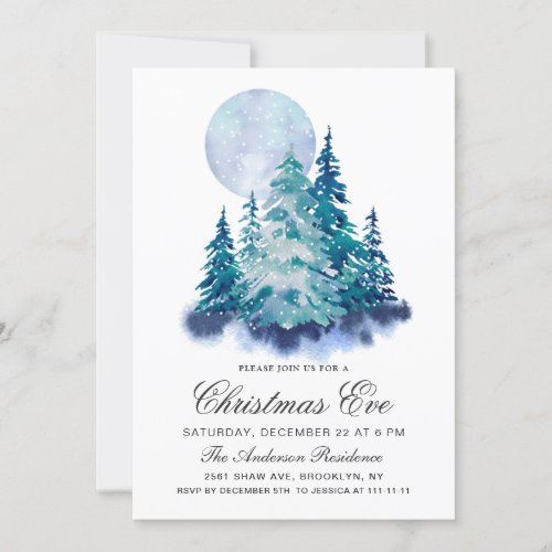 Watercolor Pine Tree Chic Christmas Eve Holiday Invitation