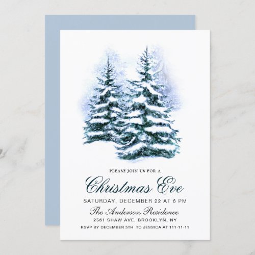 Watercolor Pine Tree Chic Christmas Eve Holiday Invitation