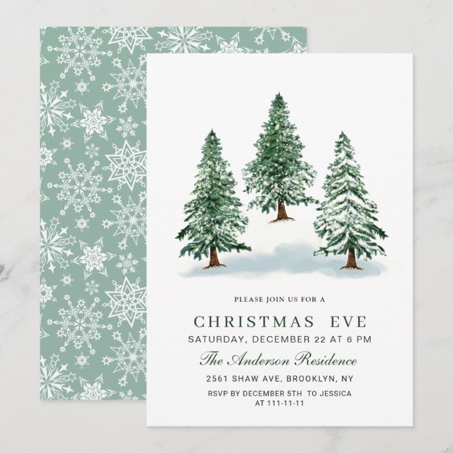 Watercolor Pine Tree Chic Christmas Eve Holiday Invitation (Front/Back)