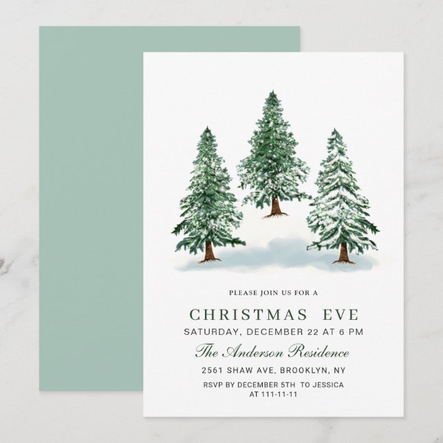 Watercolor Pine Tree Chic Christmas Eve Holiday Invitation (Front/Back)