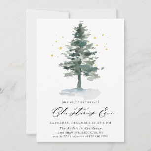 Watercolor Pine Tree Chic Christmas Eve Holiday Invitation
