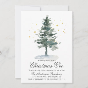 Watercolor Pine Tree Chic Christmas Eve Holiday Invitation