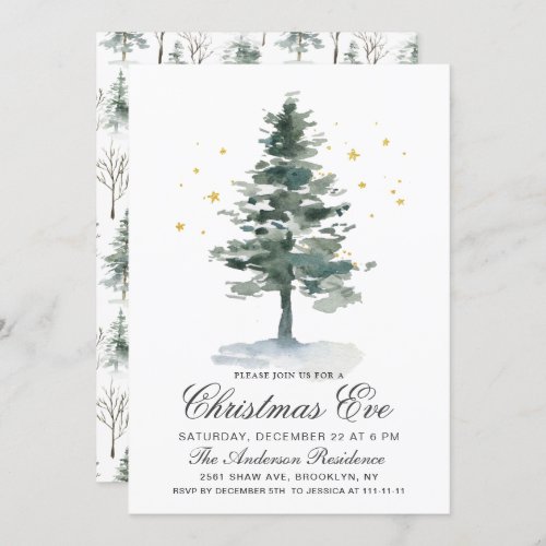 Watercolor Pine Tree Chic Christmas Eve Holiday Invitation