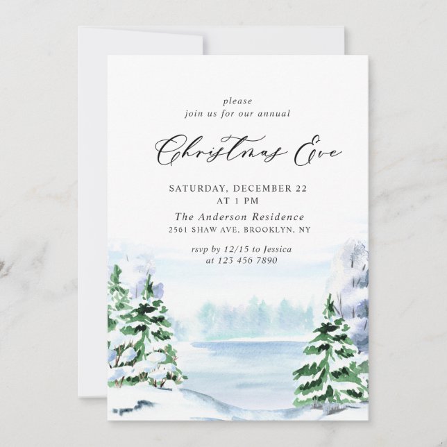 Watercolor Pine Tree Chic Christmas Eve Holiday Invitation (Front)