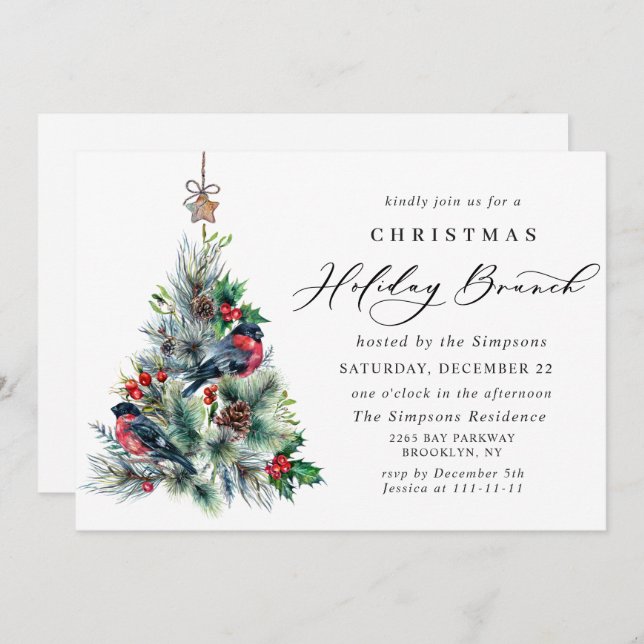 Watercolor Pine Tree Chic Christmas HOLIDAY BRUNCH Invitation (Front/Back)