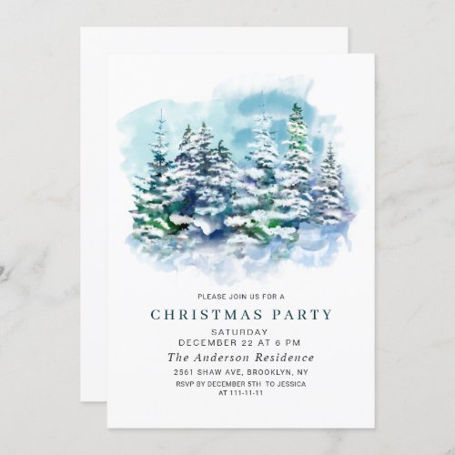 Watercolor Pine Tree Chic Christmas Holiday Party Invitation