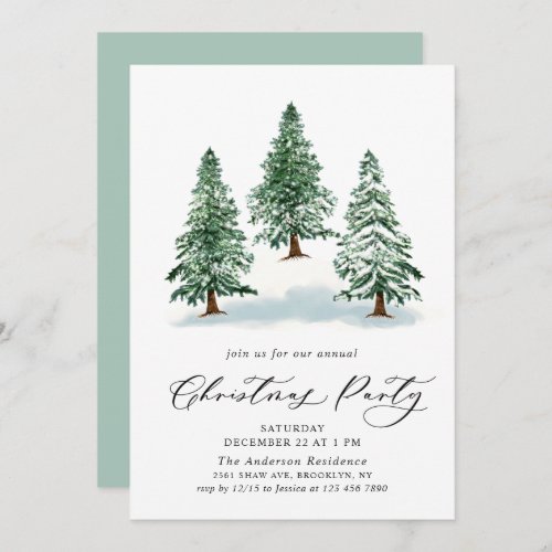 Watercolor Pine Tree Chic Christmas Holiday Party Invitation