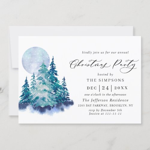 Watercolor Pine Tree Chic Christmas Holiday Party Invitation