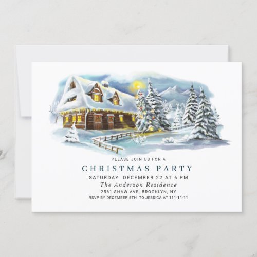 Watercolor Pine Tree Chic Christmas Holiday Party Invitation