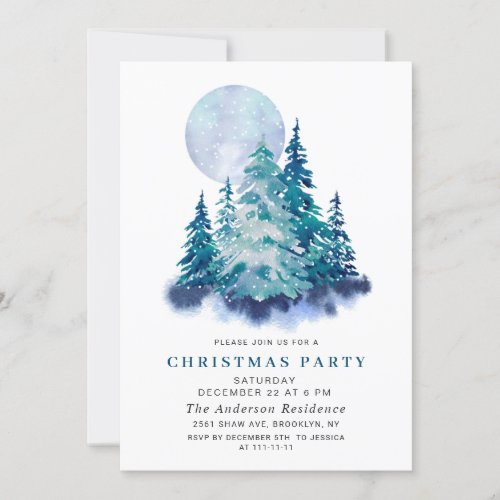 Watercolor Pine Tree Chic Christmas Holiday Party Invitation