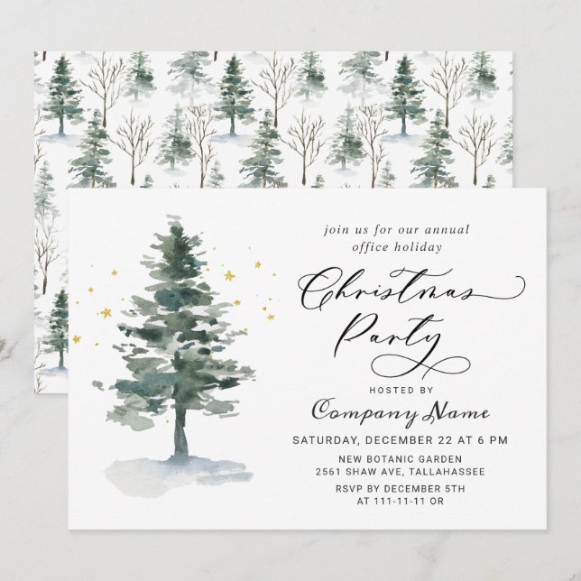 Watercolor Pine Tree Chic Christmas Holiday Party  Invitation (Front/Back)