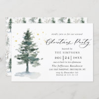 Watercolor Pine Tree Chic Christmas Holiday Party Invitation