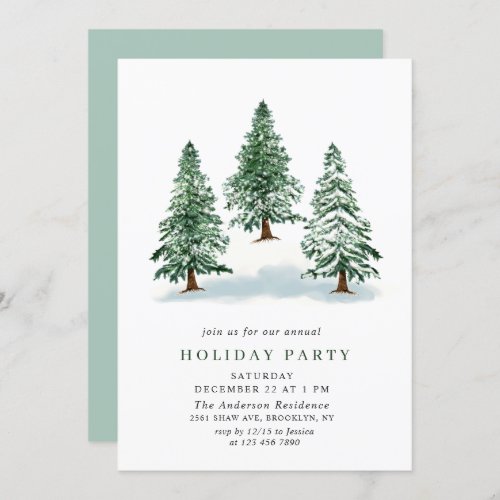 Watercolor Pine Tree Chic Christmas Holiday Party Invitation