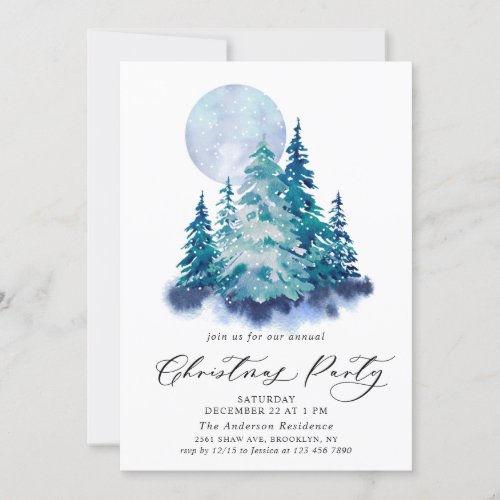 Watercolor Pine Tree Chic Christmas Holiday Party Invitation