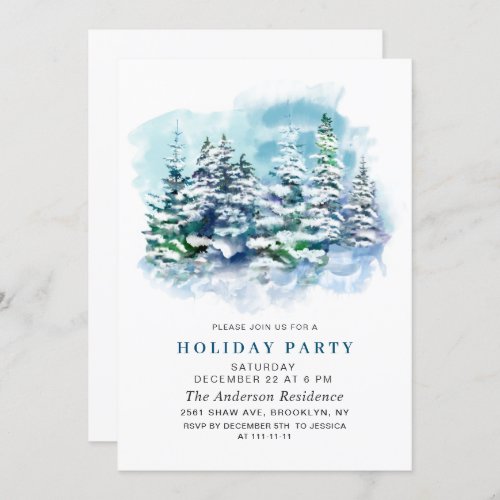 Watercolor Pine Tree Chic Christmas Holiday Party Invitation