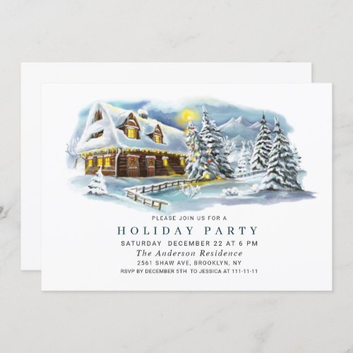 Watercolor Pine Tree Chic Christmas Holiday Party Invitation