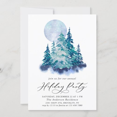 Watercolor Pine Tree Chic Christmas Holiday Party Invitation