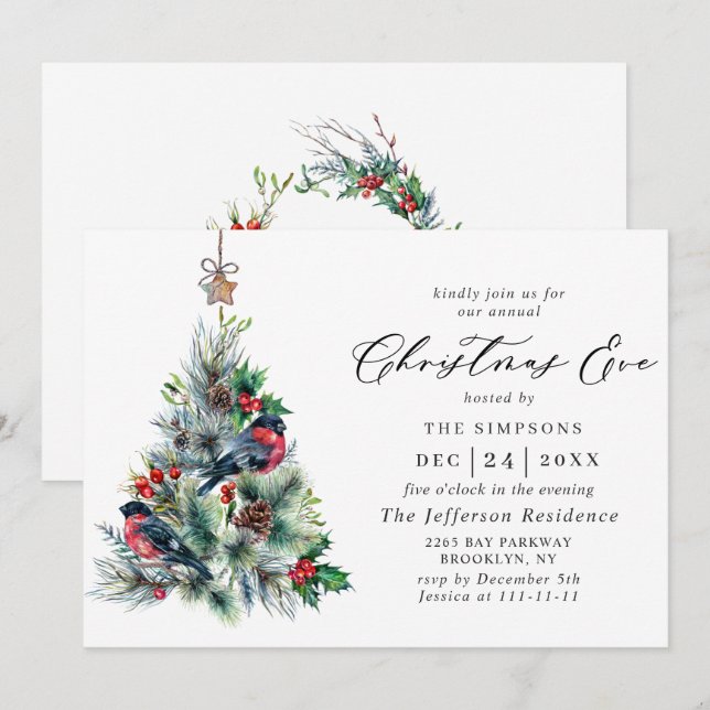 Watercolor Pine Tree Chic Holiday Christmas Eve Invitation (Front/Back)