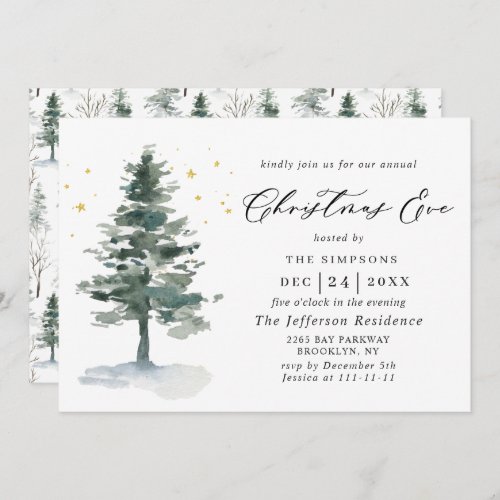 Watercolor Pine Tree Chic Holiday Christmas Eve Invitation