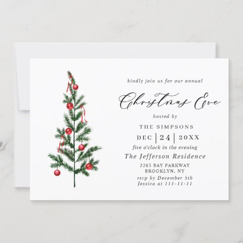 Watercolor Pine Tree Chic Holiday Christmas Eve Invitation