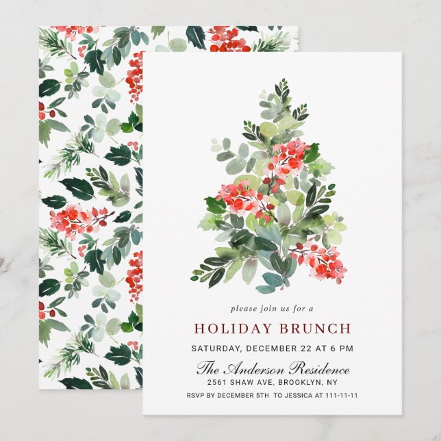 Watercolor Pine Tree Christmas Holiday Brunch Invitation (Front/Back)