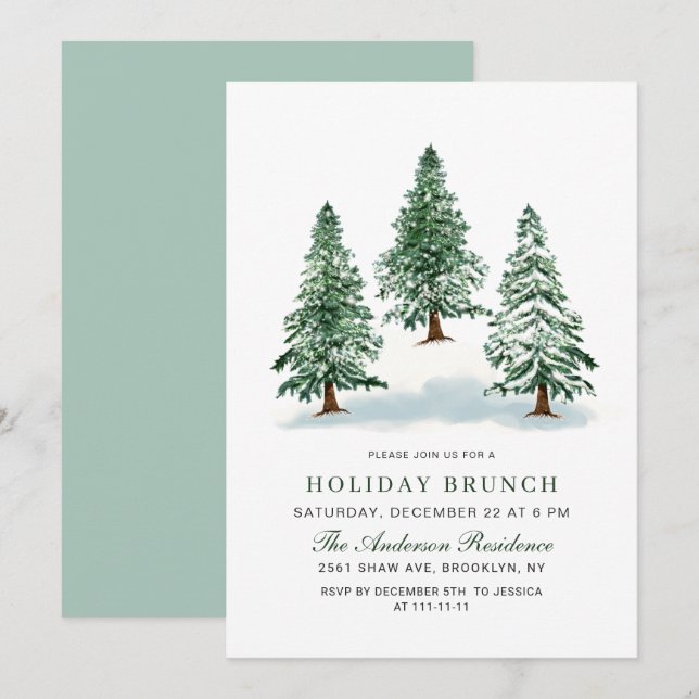 Watercolor Pine Tree Christmas Holiday Brunch Invitation (Front/Back)