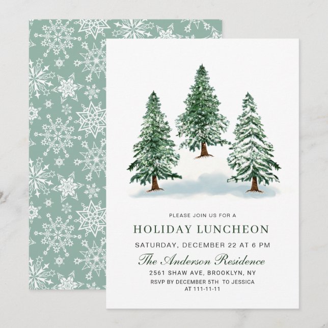 Watercolor Pine Tree Christmas Holiday Luncheon Invitation (Front/Back)