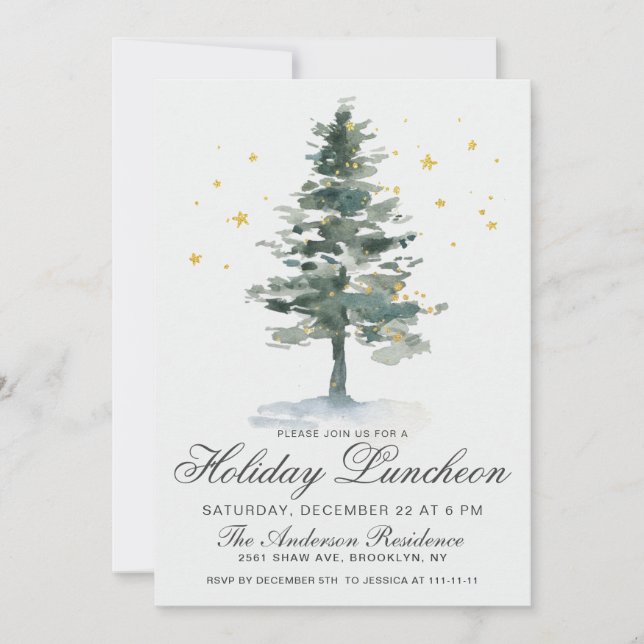 Watercolor Pine Tree Christmas Holiday Luncheon Invitation (Front)