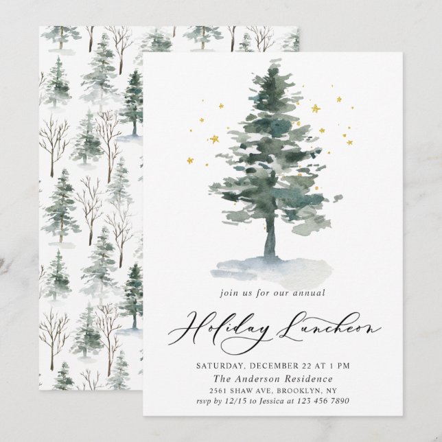 Watercolor Pine Tree Christmas Holiday Luncheon Invitation (Front/Back)