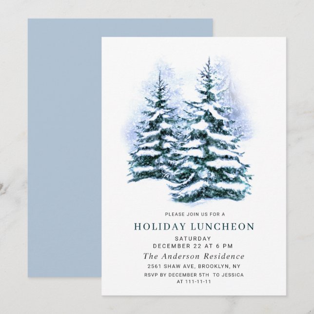 Watercolor Pine Tree Christmas Holiday Luncheon Invitation (Front/Back)