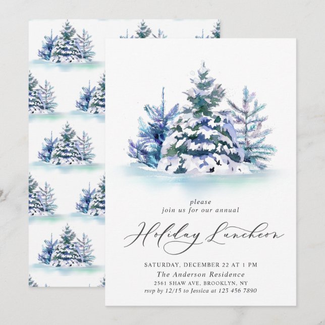 Watercolor Pine Tree Christmas Holiday Luncheon Invitation (Front/Back)